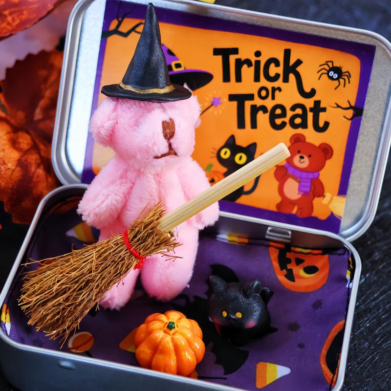🎃🧸Cute Halloween Teddy Bear in a Box with wizard hat, Blanket, Broom, Pumpkin & Cat🌟👻