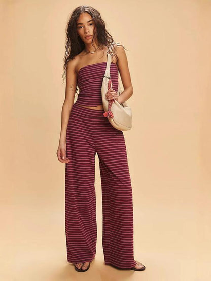 Women's Striped Crop Tube Top & Wide Leg Pants Summer Set