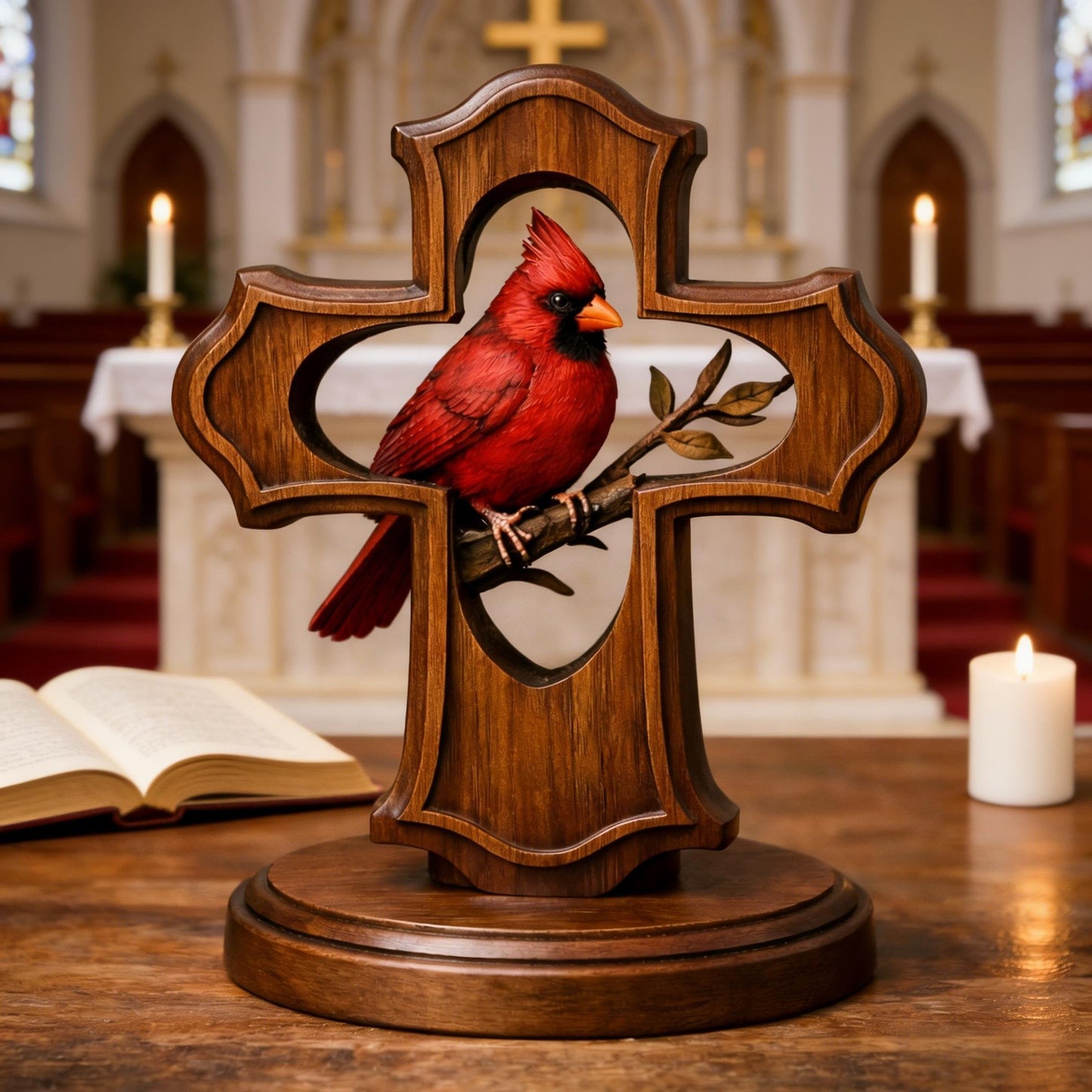 🔥Last Day 50% OFF - ❤️✝️Solid Wood Hand-Carved Cardinal Cross Ornament