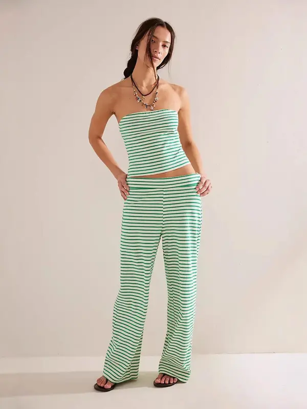 Women's Striped Crop Tube Top & Wide Leg Pants Summer Set