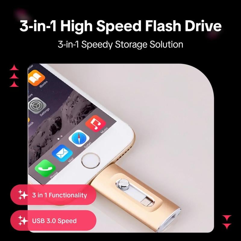 ⚡3 in 1 Flash Drive, Portable High Speed USB 3.0 Memory Storage, OTG Flash Pen Drive with Free Type-C Adapter for Android Phones/PC and More Devices