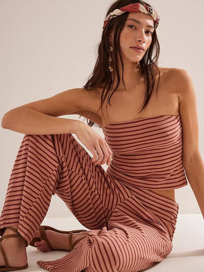 Women's Striped Crop Tube Top & Wide Leg Pants Summer Set