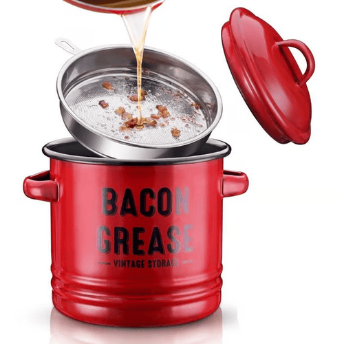 Top Christmas Gift 2025 🎅-42 oz bacon grease container with strainer and food-grade silicone spatula