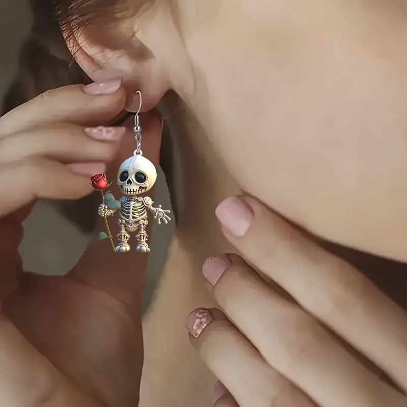 💀Skeleton with Rose Dangle Earrings